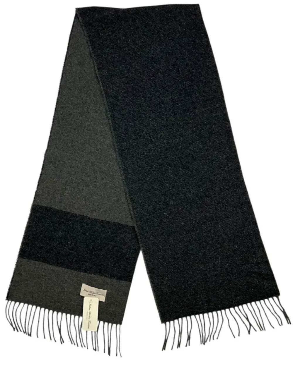 Italian Woollen Treasures Wool Scarf Gray Blue Striped Fringe NEW